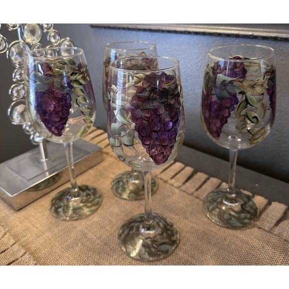Set of 4 Purple Grape Vine Exquisite Wine Glasses Hand Painted Textured EUC - Picture 7 of 7